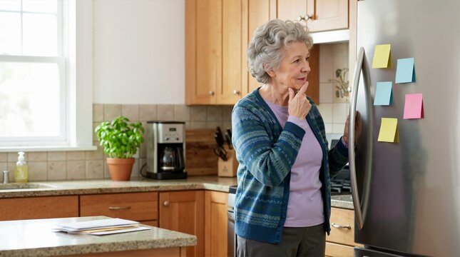 Elderly woman looking at multiple sticky notes on a refrigerator. Senior lady in a kitchen with memory aids. Cognitive health and organization for the elderly