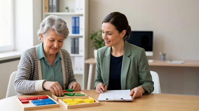 Elderly woman performing a cognitive assessment with a neuropsychologist. Senior lady sorting geometric shapes in a clinic. Mental health and brain function testing