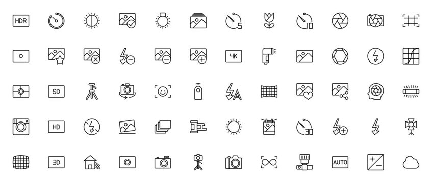 Photography icon set. Minimal line vector icons. Photography related icons pack. Includes symbols for HDR, timer, brightness, photo, bulb, aperture, camera, flash, exposure, focus and more. Editable v