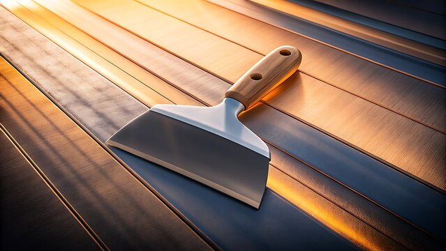 metal putty knife scraper on wooden planks for renovation work