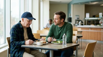Fototapeta premium Elderly man and adult son eating lunch together in a hospital cafeteria. Supportive family sharing a meal and conversation during cancer treatment. Healthcare and caregiving concept