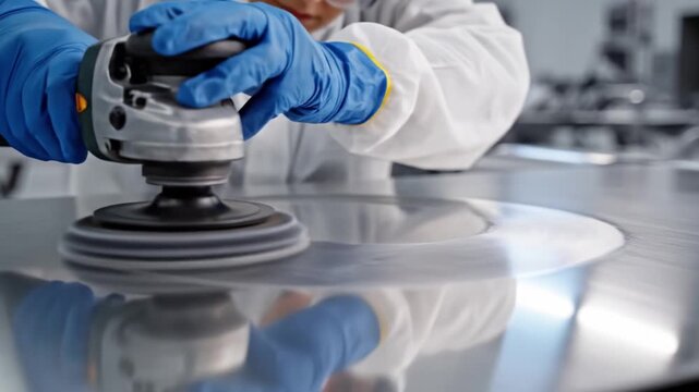Polishing metal surface with electric buffer and blue gloves in industrial workshop using protective clothing and handheld tool for smooth finish shiny metal worker tool maintenance cleaning