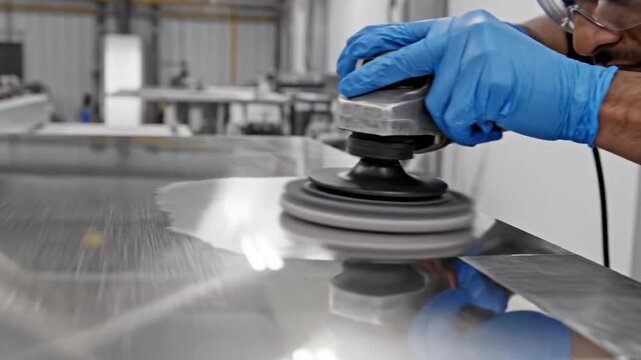 Polishing metal surface with worker gloves using tool for reflection in industrial workshop close up hand craftsmanship safety manual labor precision detail