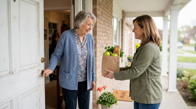 Elderly woman receiving grocery delivery from a neighbor at her front door. Community support and volunteer assistance for seniors. Home care and neighborly kindness concept