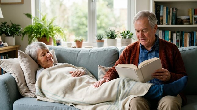 Older couple at home with husband reading aloud to his resting wife. Senior man caring for his partner on a sofa. Quiet afternoon of companionship and palliative care at home
