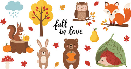 Cute Autumn Woodland Animal Vector Element Set with Cartoon Fox Bear Owl Squirrel Hedgehog and Fall Leaves for Thanksgiving Greeting Card Designs © Ismail