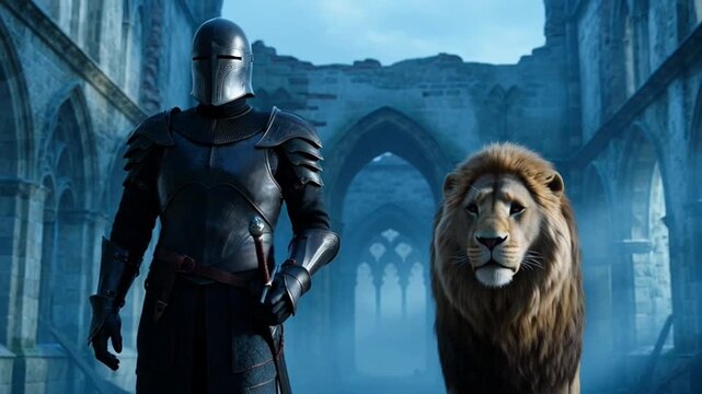 Medieval knight in full armor and a male lion walking through a misty stone cathedral