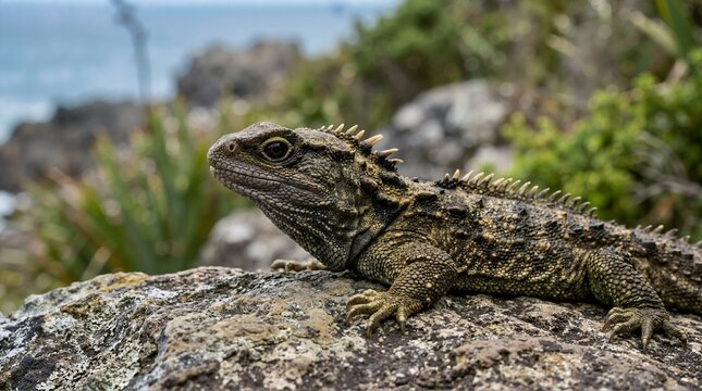 Tuatara basking on a rock in a coastal environment. Rare endemic reptile from New Zealand with spiny crest. Ancient lizard species in the wild
