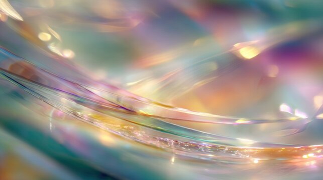 Abstract background with flowing iridescent waves. Colorful light refraction patterns and soft glowing lines. Digital texture for artistic design, modern graphic art and dreamy wallpaper.