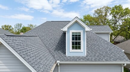 Fototapeta premium Aerial View of a Residential House with a Blue Dormer Window and Shingle Roof.
