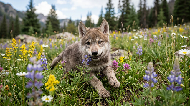 Wolf pup playing among colorful wildflowers in a mountain meadow. Young grey wolf cub running through lupines and daisies. Wildlife in a spring landscape