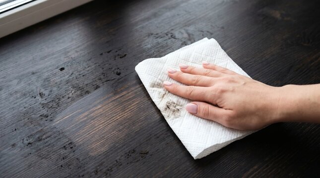 Cleaning a Dark Wooden Surface with a White Paper Towel.