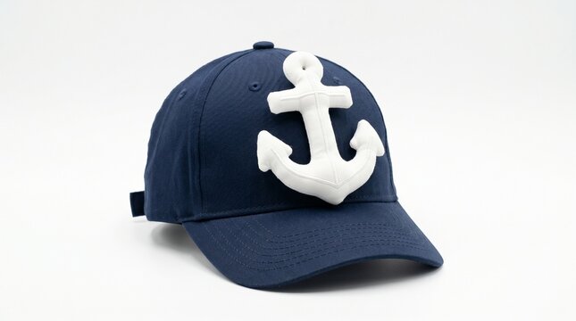 Navy blue baseball cap with a large white 3d anchor patch isolated on white background