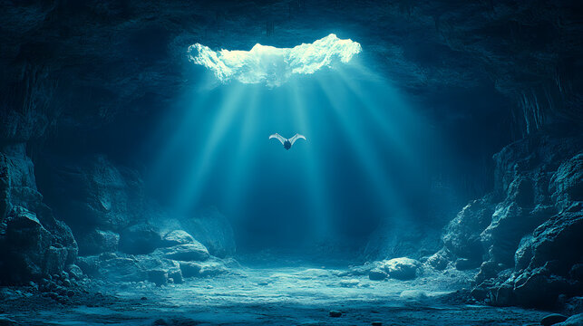 Mysterious deep underwater rock cave canyon illuminated by single bright light beam