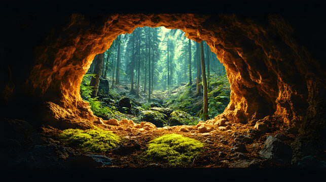 Beautiful sunlit forest view framed by dark stone rocky cave opening canyon
