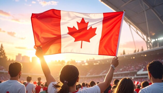Soccer supporter cheering with flag of Canada at the World Cup