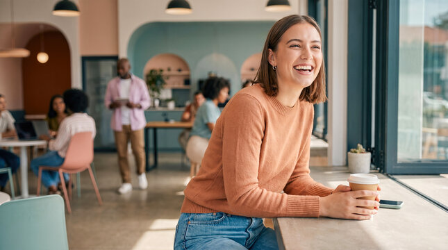 Beautiful cheerful young woman holding hot coffee cup looking through window smiling happily sitting inside bright modern city cafe taking relaxing break