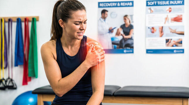 young beautiful woman suffering severe shoulder pain showing glowing red joint anatomy graphic indicating injury modern physical therapy clinic interior medical rehabilitation background