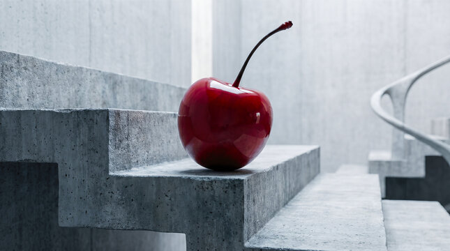 Giant vivid red cherry positioned perfectly on modern grey concrete steps showcasing surreal conceptual artistic contrast against minimalist curved architectural building background