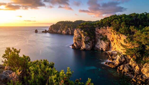 A beautiful summer sunset over the ocean horizon casts a warm glow on the rocky coast and cliffs of a peaceful island bay