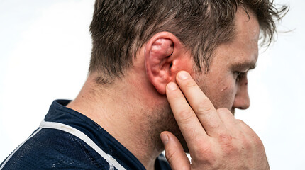Fototapeta premium Man experiencing ear pain, infection, or inflammation. Red, swollen outer ear. Medical condition, healthcare, health issue.