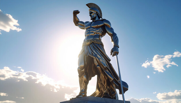 Statue of a muscular warrior in ancient armor standing heroically with raised fist