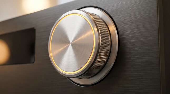 metallic volume knob control panel brushed steel aluminum rotary dial glowing golden light ring amplifier audio adjustment hi fi equipment dashboard macro detail concept