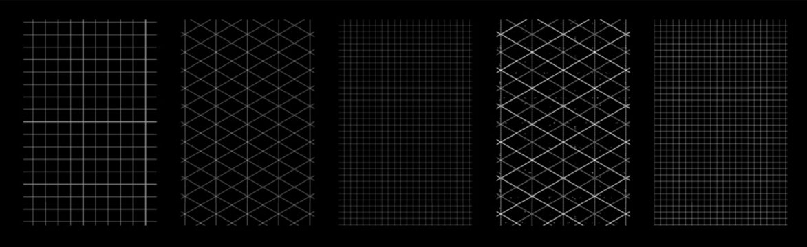 Set of blueprint backgrounds with isometric grids and classic graph paper patterns, technical line textures and engineering style layouts.