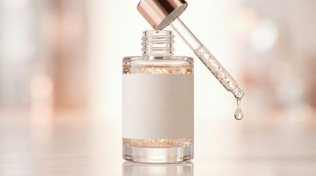Close up view of elegant transparent glass cosmetic bottle featuring glass dropper containing premium moisturizing anti aging skin care facial serum with soft pearls