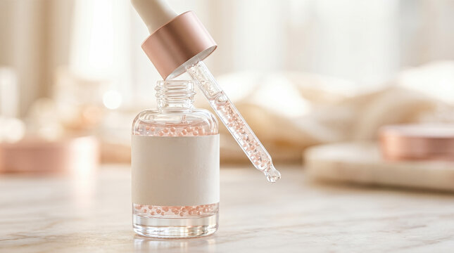 Close up view of elegant transparent glass cosmetic bottle with dropper containing premium moisturizing anti aging skin care facial serum resting on marble surface