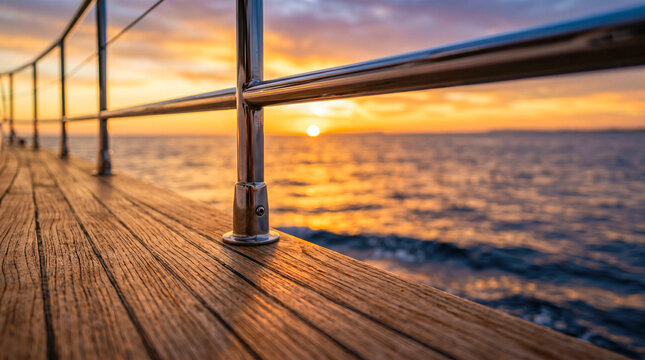 Beautiful golden summer sunset over calm ocean waves viewed from wooden deck of luxury private yacht featuring shiny metallic safety railing details
