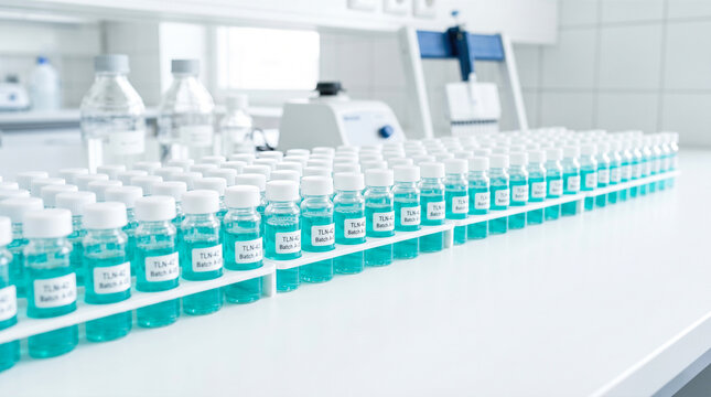 Scientific research laboratory table with rows of blue chemical liquid samples in vials arranged on plastic rack for medicine and biology study