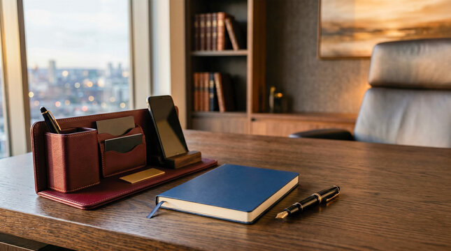 Modern executive office desk with leather organizer smartphone notebook and fountain pen featuring blurred city view background for corporate business leadership concept