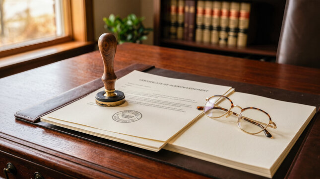 Legal document certificate of acknowledgment on wooden desk with notary stamp and vintage glasses for professional attorney law firm business services concept