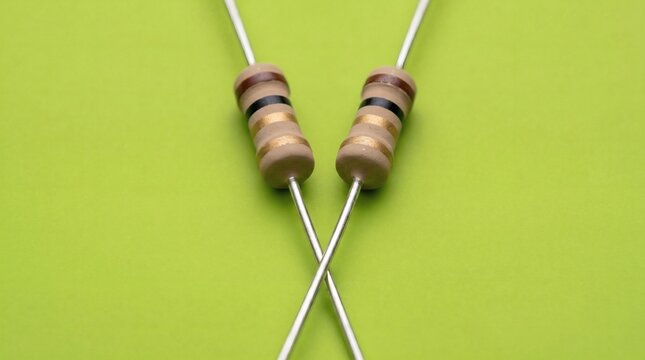Close-up of Two Electronic Resistors on a Lime Green Background.