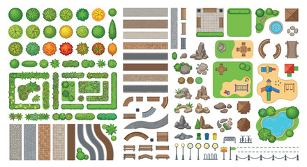 Fototapeta premium Top down Landscape Elements Vector Illustration With Green And Gray Tones