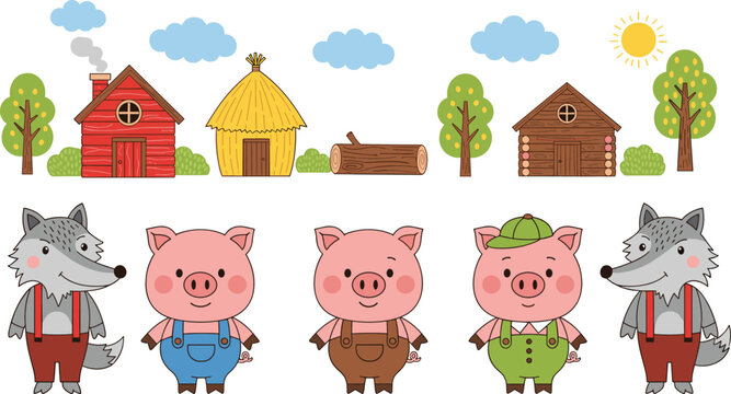 Three Little Pigs Fairy Tale Vector Element Set with Cute Cartoon Pig Characters Big Bad Wolf Straw Wood and Brick Houses