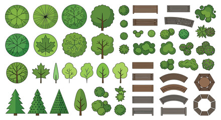 Trees Benches And Bushes Vector Illustration With White Background © Sumon