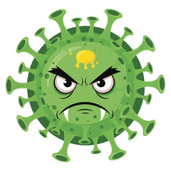 Fototapeta premium Angry green cartoon virus with sharp teeth and spiky protrusions, yellow droplet on head