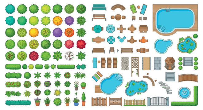 Top down garden and pool elements vector illustration on white background