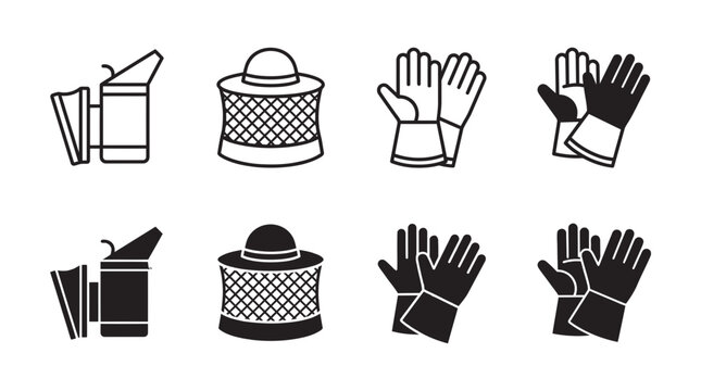 Collection of beekeeping equipment icons in outline and solid styles with beekeeping beekeeper equipment