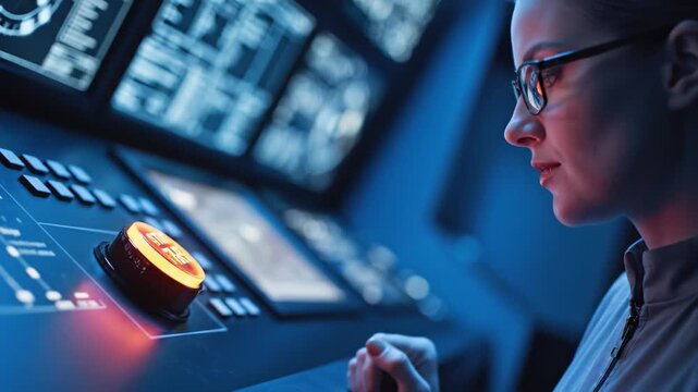 Woman focused operator pressing illuminated button on control panel technology screen with glasses close up blue light touchscreen digital equipment professional work indoors interface
