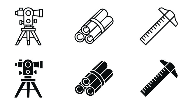 Surveying and measuring tools icons: theodolite rolled blueprints t-square with t square surveying measuring