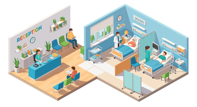Isometric Hospital Interior With Reception And Ward Vector Illustration
