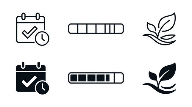 Calendar with check mark and clock progress bar growing plant icons calendar schedule checkmark