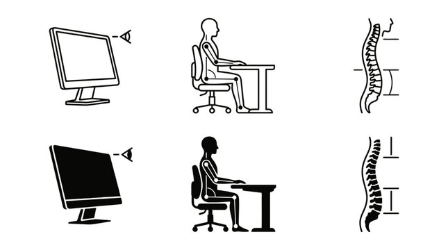 Computer monitor ergonomic sitting posture spine alignment icons with computer ergonomic backbone skeleton