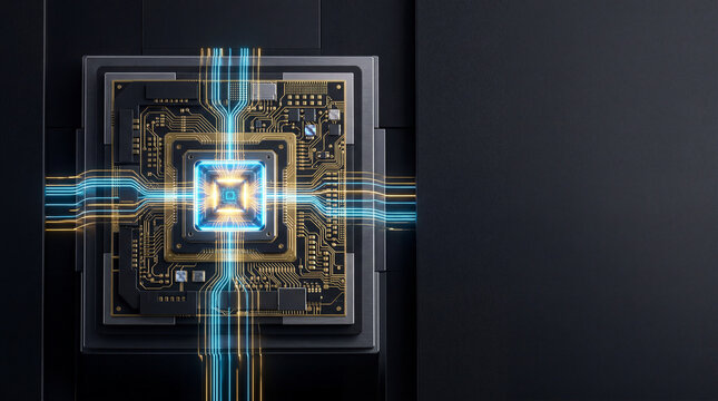 Futuristic quantum microchip and golden circuit board on matte black