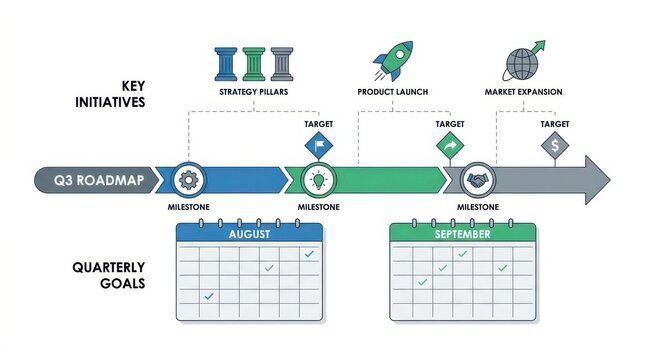 Quarterly business roadmap timeline infographic with calendar and milestone arrow