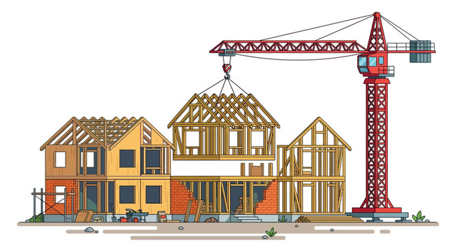Construction site with crane lifting house frame vector illustration