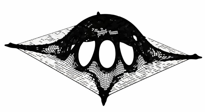 Abstract 3D mesh rendering with organic flowing shapes and grid background, suggesting complexity and data visualization.